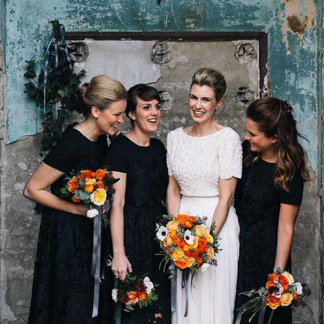 Bride In Bespoke Wedding Dress & Bridesmaids In Black For A Stylish East London Wedding