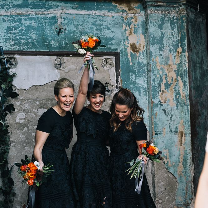 Bride In Bespoke Wedding Dress & Bridesmaids In Black For A Stylish East London Wedding