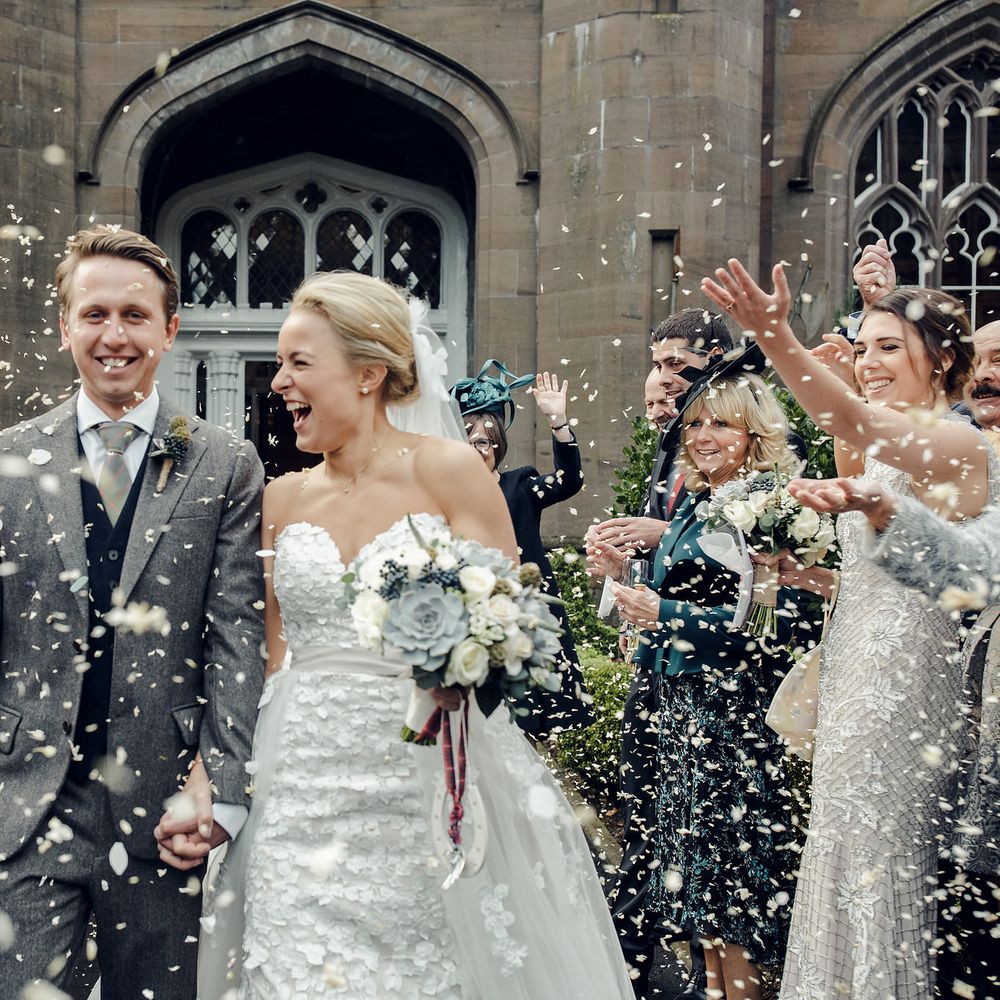 Confetti Moment with Bride in Bespoke Ian Stuart Gown with Detachable Tulle Skirt