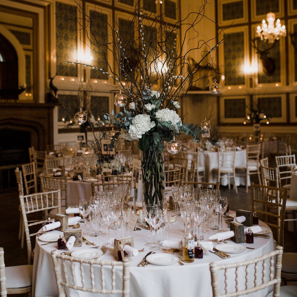 Tall Hydrangea & Twig Wedding Table Centrepiece