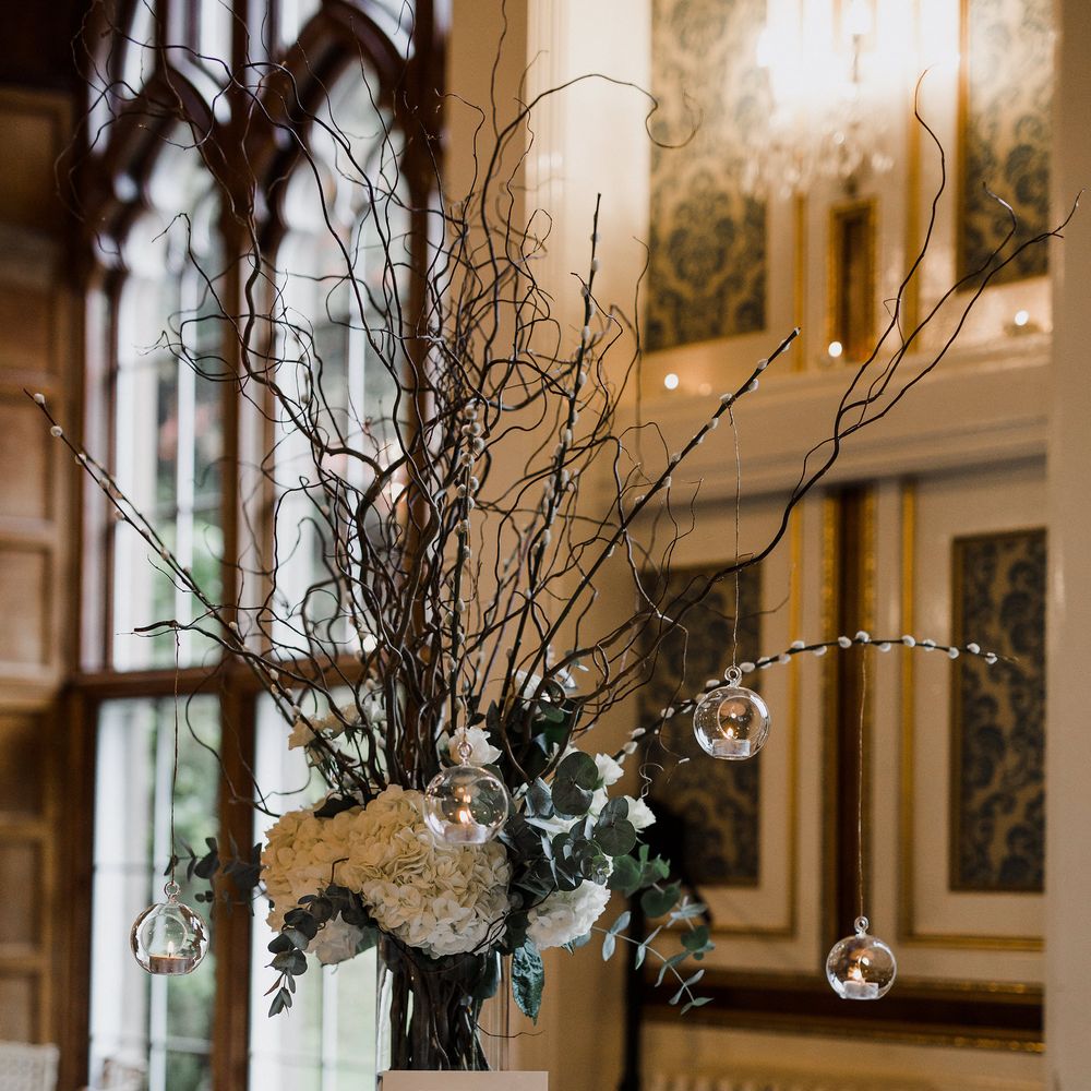 Tall Twig & White Hydrangea Wedding Table Centrepieces