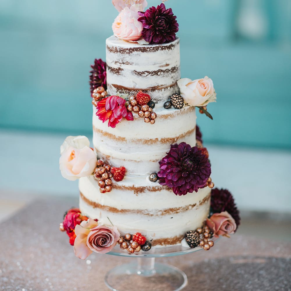 Semi Naked Wedding Cake With Fresh Flowers
