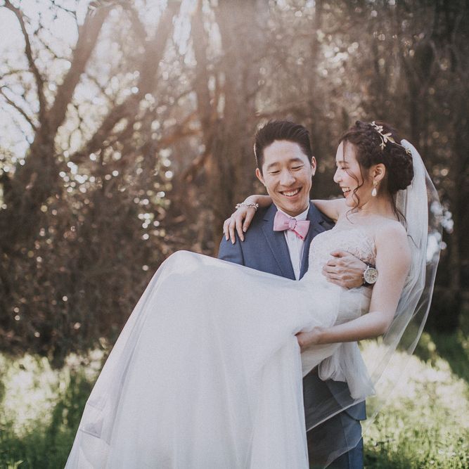 Cherry Blossom Filled Wedding With Bride In Bronze Watters Gown And Painted Floral Veil By BHLDN Venue Union Hill Inn California With Images By Matt Horan Photography
