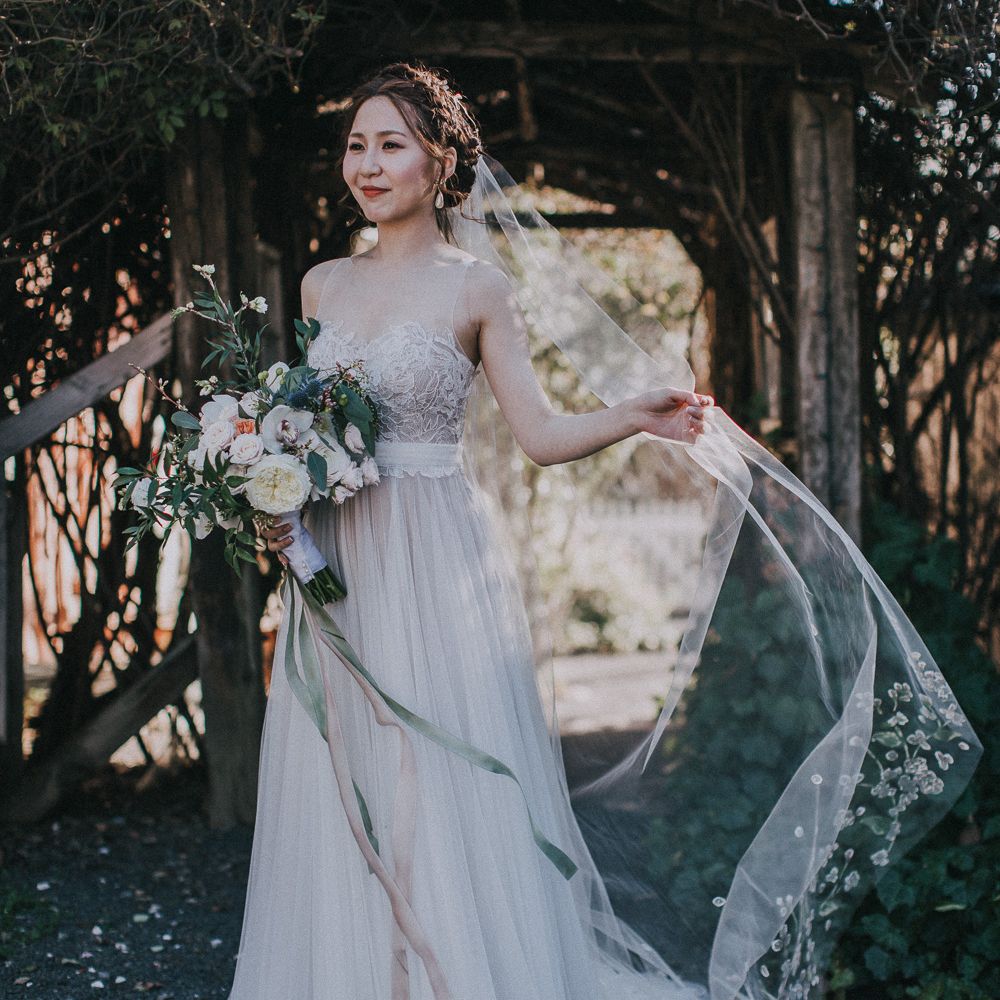 Cherry Blossom Filled Wedding With Bride In Bronze Watters Gown And Painted Floral Veil By BHLDN Venue Union Hill Inn California With Images By Matt Horan Photography