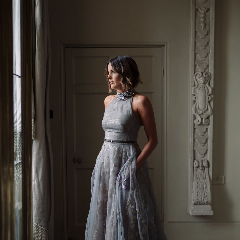 Bride in Bespoke Grey Tulle with Shimmering Gold Flecks Wedding Dress