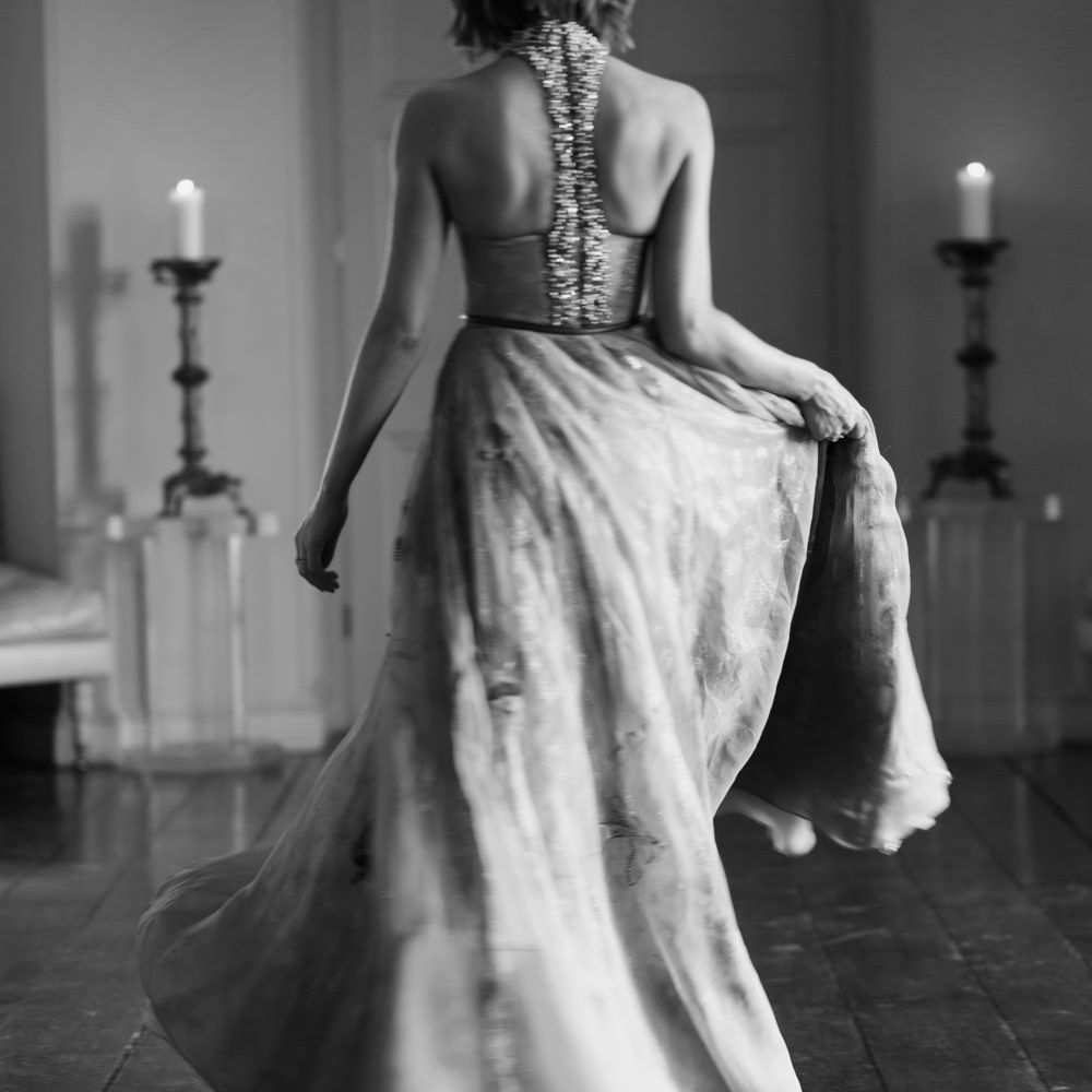 Bride in Besoke Grey Tulle Wedding Dress