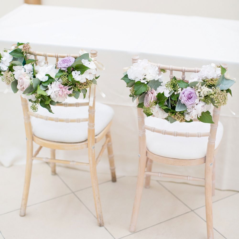 Floral Chair Back Decor | Pastel Wedding at Gaynes Park | Anneli Marinovich Photography
