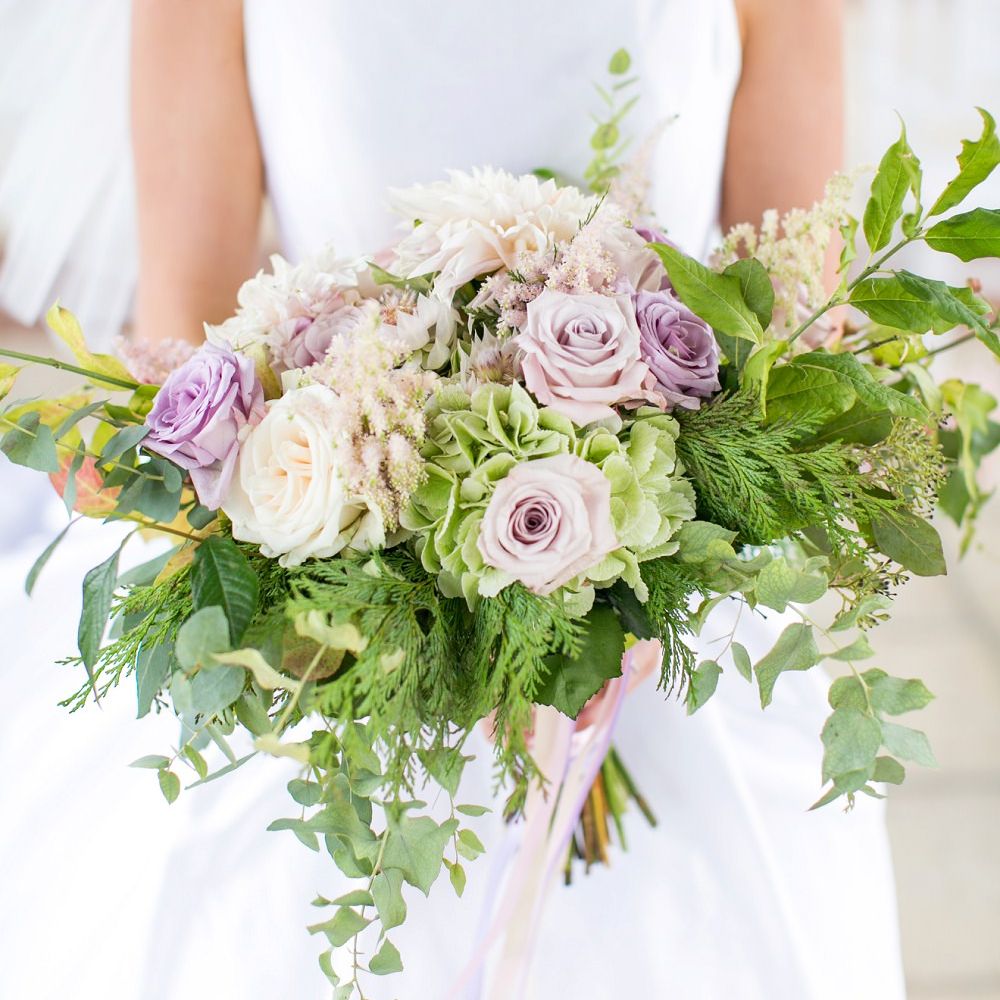 Lilac Rose & Foliage Wedding Bouquet | Bride in Sassie Holdford Bryony Wedding Dress | Pastel Wedding at Gaynes Park | Anneli Marinovich Photography
