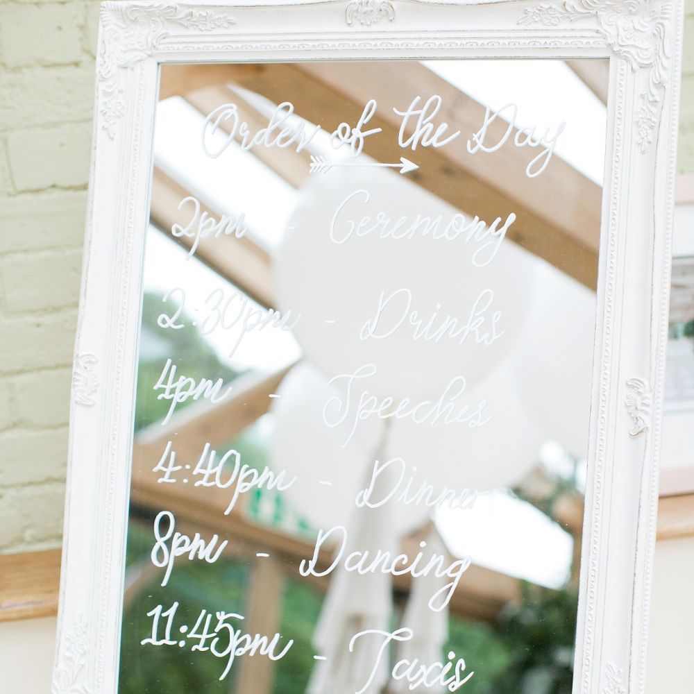 White Frame Mirror Order of The Day Sign | Pastel Wedding at Gaynes Park | Anneli Marinovich Photography