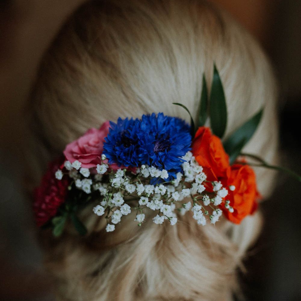 Fresh Wedding Hair Flowers | Colourful DIY Barn Wedding at The Manor Barn, Cambridge | Meghan Lorna Photography