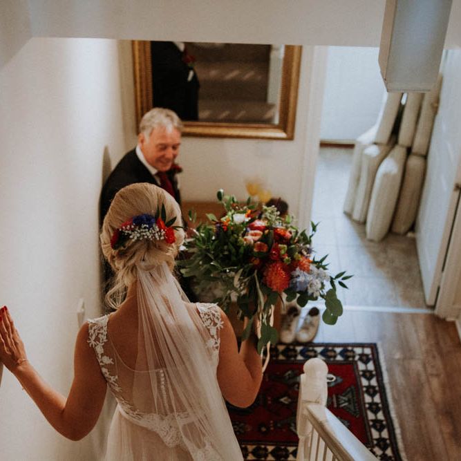 Father of the Bride First Look | Colourful DIY Barn Wedding at The Manor Barn, Cambridge | Meghan Lorna Photography