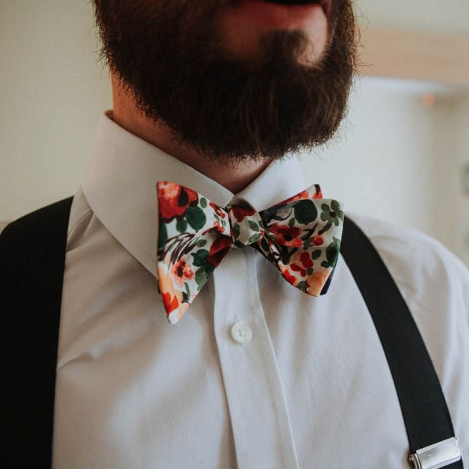 Liberty Print Bow Tie | Colourful DIY Barn Wedding at The Manor Barn, Cambridge | Meghan Lorna Photography