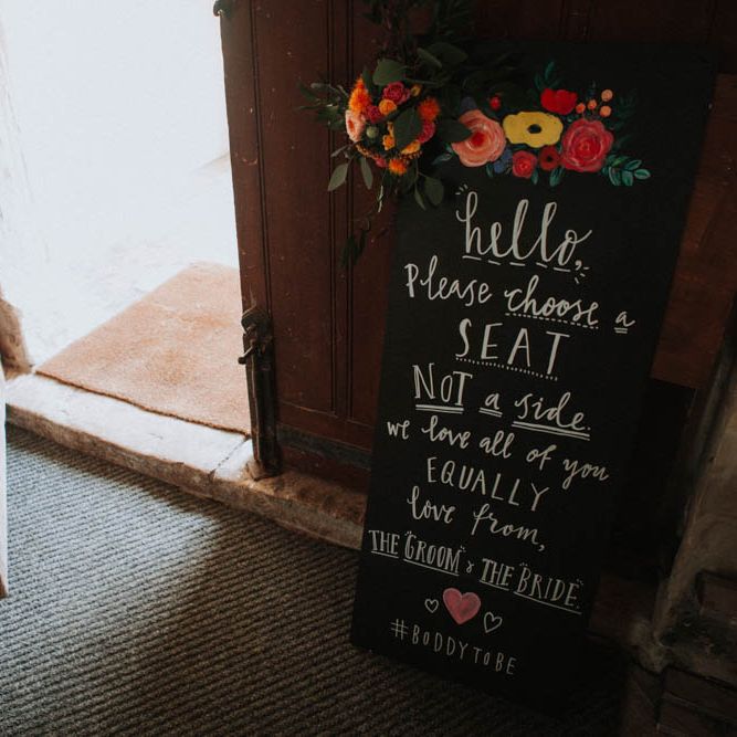 Blackbaord Wedding Sign | Colourful DIY Barn Wedding at The Manor Barn, Cambridge | Meghan Lorna Photography