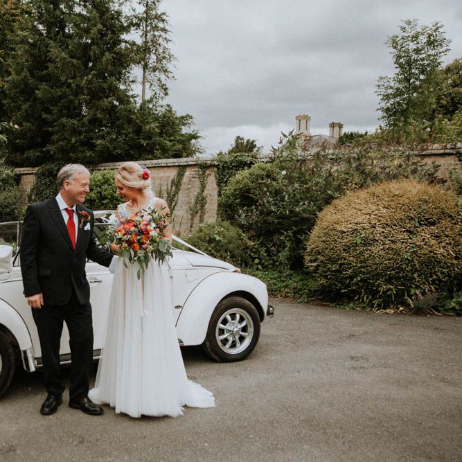 Bridal Entrance in Lace & Tulle Wedding Gown | Colourful DIY Barn Wedding at The Manor Barn, Cambridge | Meghan Lorna Photography