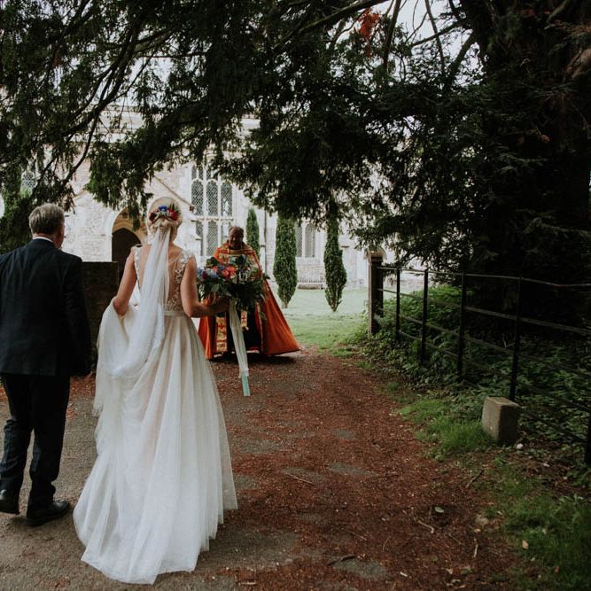 Church Wedding Ceremony | Bridal Entrance in Lace & Tulle Wedding Dress | Colourful DIY Barn Wedding at The Manor Barn, Cambridge | Meghan Lorna Photography
