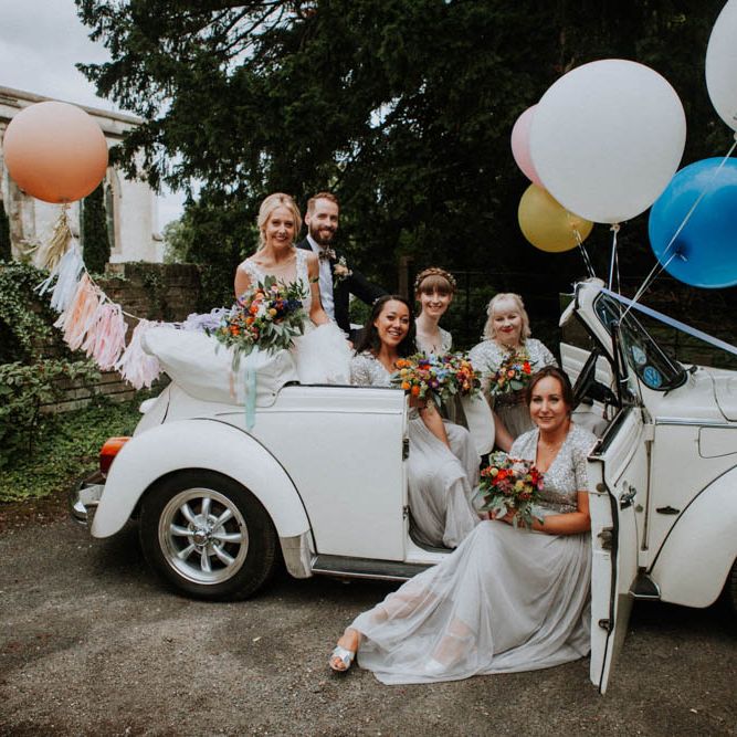 Giant Balloons | Bride in Lace & Tulle Gown | Bridesmaids in Sequin Dresses | Colourful DIY Barn Wedding at The Manor Barn, Cambridge | Meghan Lorna Photography