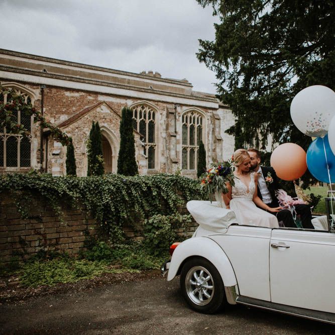 Giant Balloons | Bride in Lace & Tulle Gown | Groom in Suit & Bow Tie | Colourful DIY Barn Wedding at The Manor Barn, Cambridge | Meghan Lorna Photography