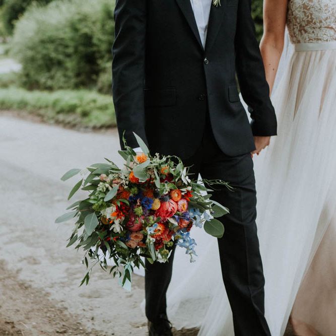 Bride Bridal Bouquet | Bride in Lace & Tulle Gown | Groom in Black Suit & Liberty Print Bow Tie | Colourful DIY Barn Wedding at The Manor Barn, Cambridge | Meghan Lorna Photography