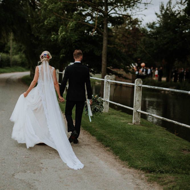 Bride in Lace & Tulle Gown | Groom in Black Suit & Liberty Print Bow Tie | Colourful DIY Barn Wedding at The Manor Barn, Cambridge | Meghan Lorna Photography
