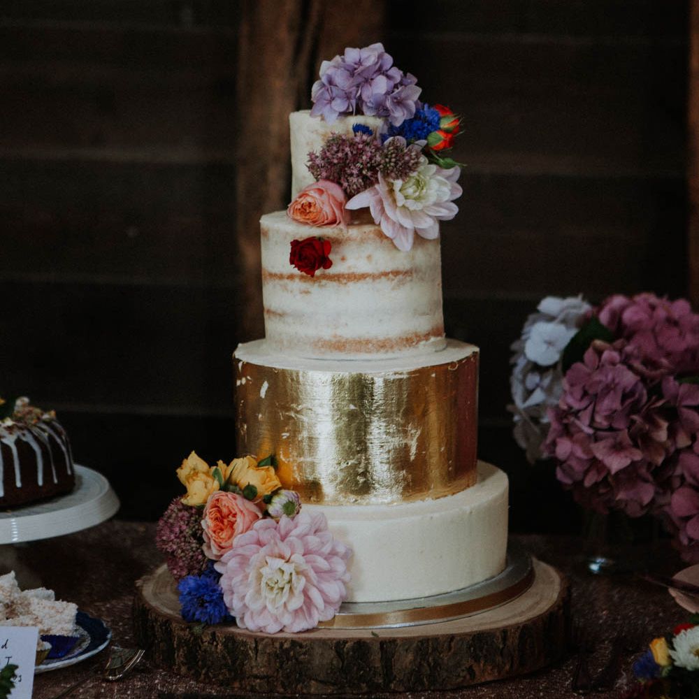 Semi Naked Wedding Cake with Gold Leaf Layer | Colourful DIY Barn Wedding at The Manor Barn, Cambridge | Meghan Lorna Photography