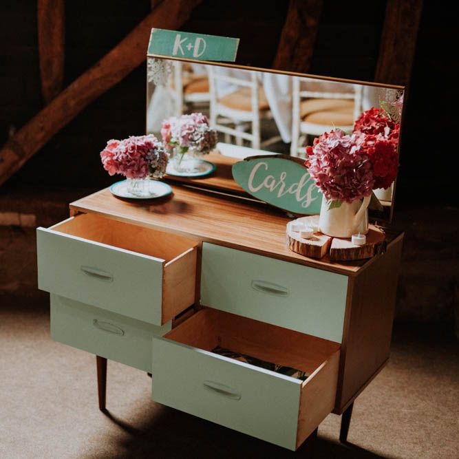 Vintage Dresser Wedding Card Box | Colourful DIY Barn Wedding at The Manor Barn, Cambridge | Meghan Lorna Photography