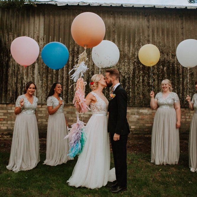 Giant Balloons | Bridesmaids in Sequin Dresses | Colourful DIY Barn Wedding at The Manor Barn, Cambridge | Meghan Lorna Photography