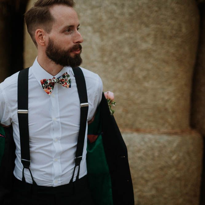 Groom in Liberty Print Bow Tie & Braces | Colourful DIY Barn Wedding at The Manor Barn, Cambridge | Meghan Lorna Photography