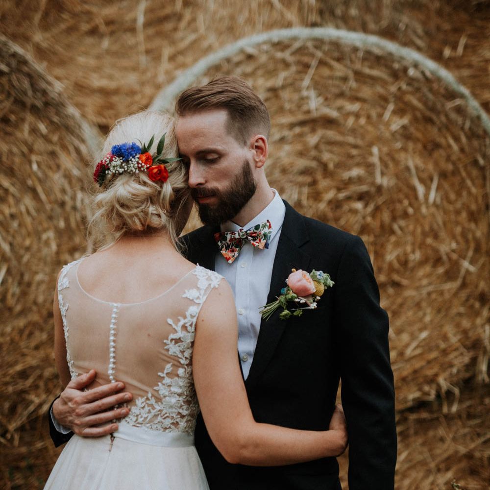 Bride in Backless Lace & Tulle Wedding Dress | Colourful DIY Barn Wedding at The Manor Barn, Cambridge | Meghan Lorna Photography