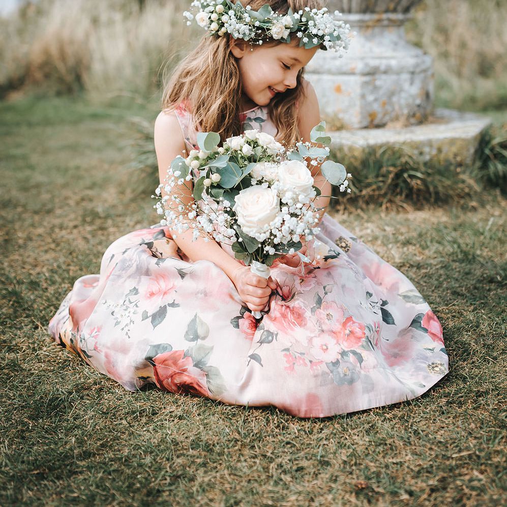 Flower Girl in Pink Floral Monsoon Dress & Flower Crown