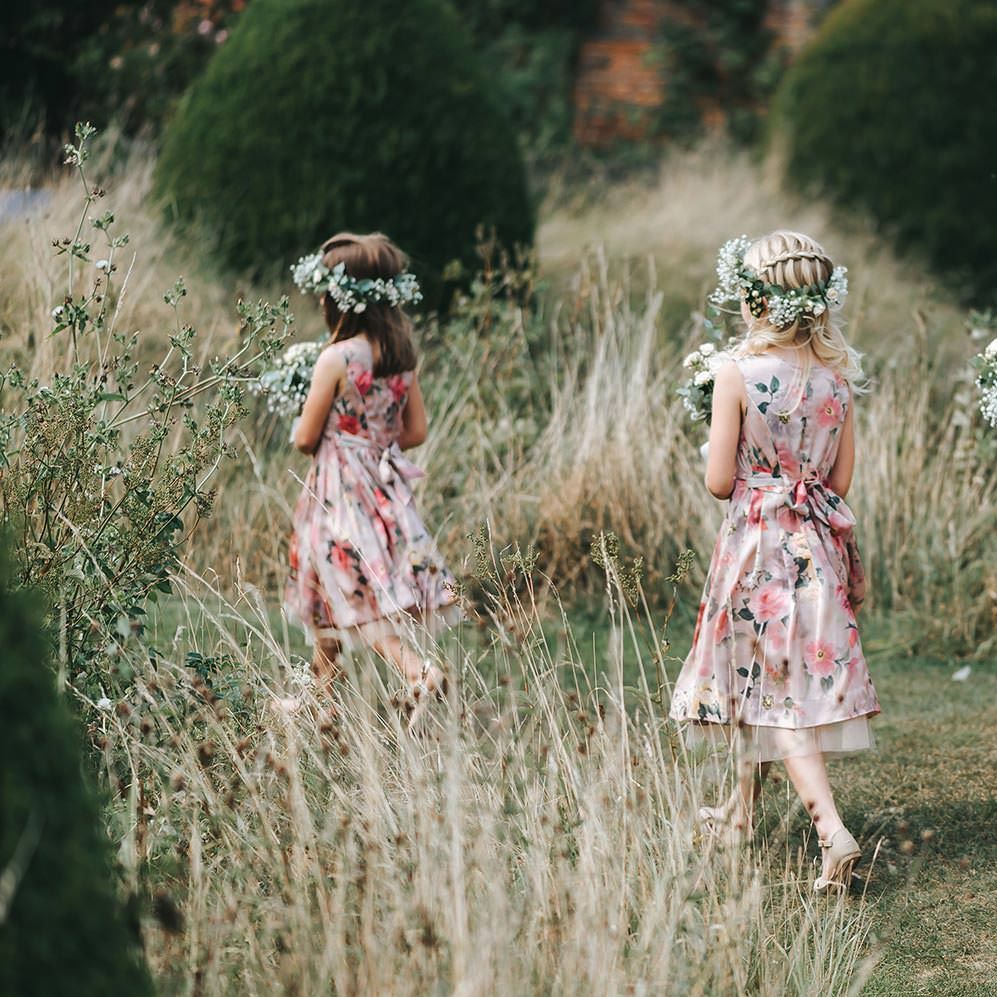 Flower Girls in Pink Floral Monsoon Dresses & Flower Crowns