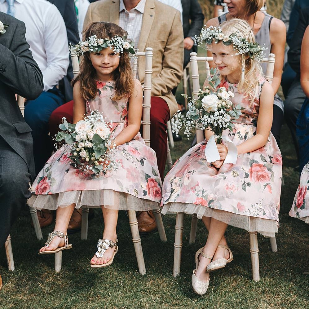 Flower Girls in Pink Floral Monsoon Dresses & Flower Crowns