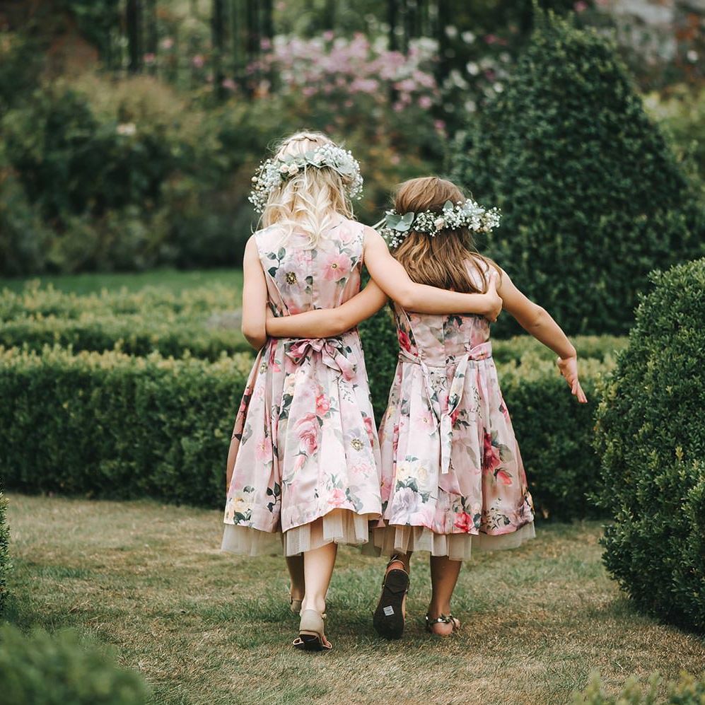 Flower Girls in Pink Floral Monsoon Dresses & Flower Crowns