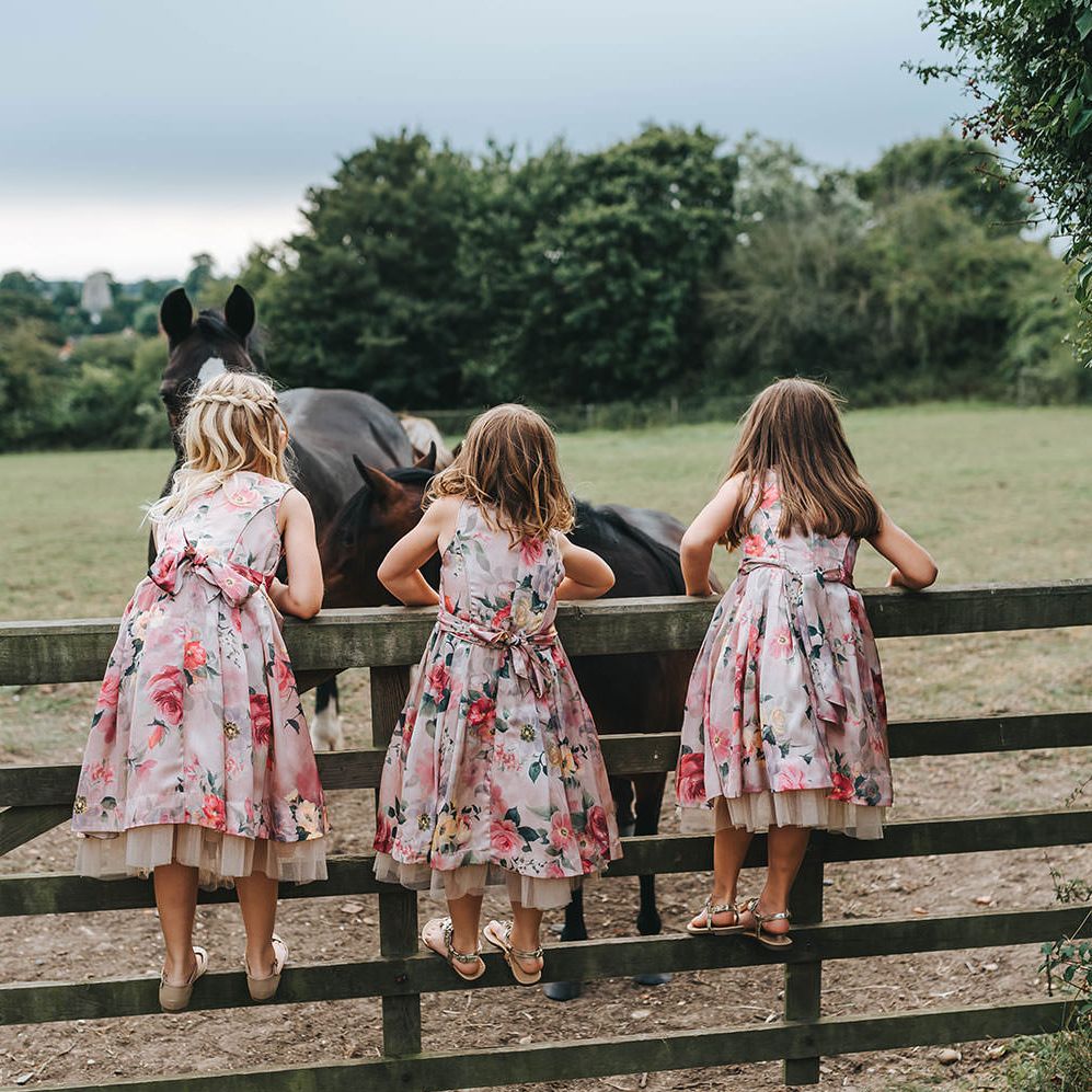 Flower Girls in Pink Floral Monsoon Dresses & Flower Crowns