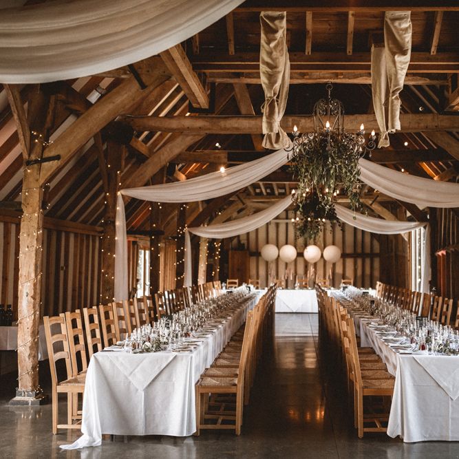 Southend Barns Wedding With Silk Drapes, Fairylights & Giant Balloons