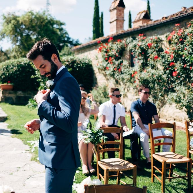 Groom in Navy Paul Smith Suit | Outdoor Intimate Wedding at Casa Cornacchi in Tuscany, Italy | Dale Weeks Photography