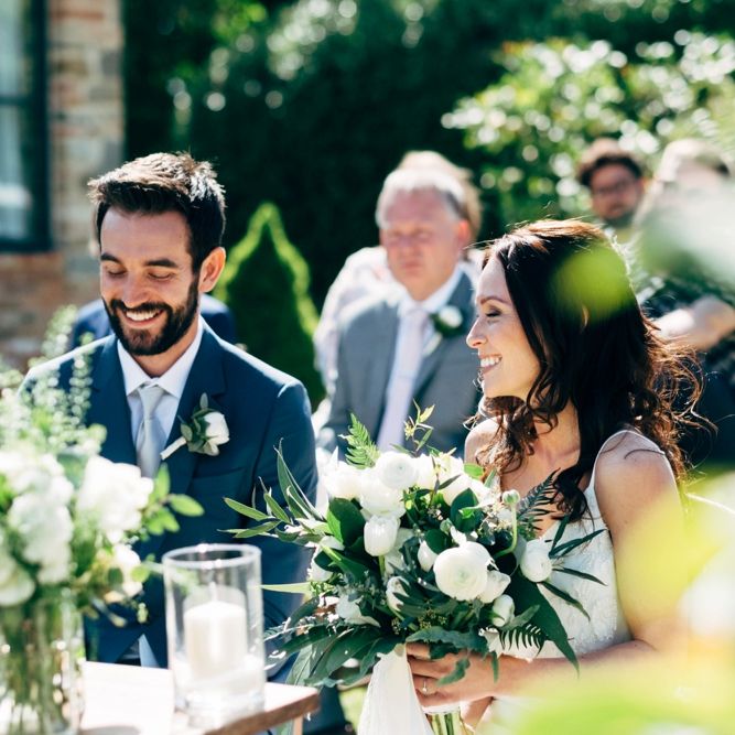 Wedding Ceremony | Sarah Seven Wedding Dress | Navy Paul Smith Suit | Outdoor Intimate Wedding at Casa Cornacchi in Tuscany, Italy | Dale Weeks Photography