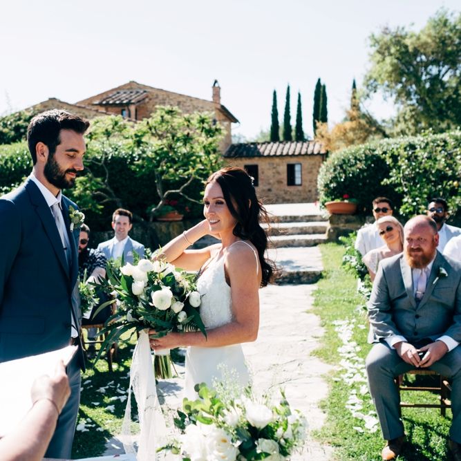 Wedding Ceremony | Sarah Seven Wedding Dress | Navy Paul Smith Suit | Outdoor Intimate Wedding at Casa Cornacchi in Tuscany, Italy | Dale Weeks Photography