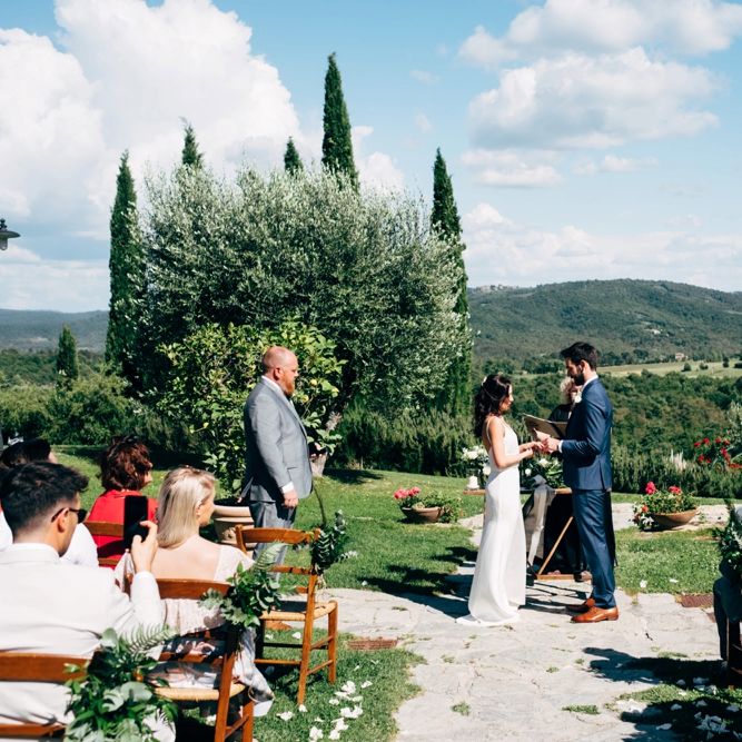 Wedding Ceremony | Sarah Seven Wedding Dress | Navy Paul Smith Suit | Outdoor Intimate Wedding at Casa Cornacchi in Tuscany, Italy | Dale Weeks Photography