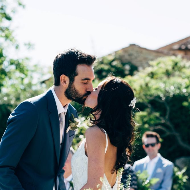 Wedding Ceremony | Sarah Seven Wedding Dress | Navy Paul Smith Suit | Outdoor Intimate Wedding at Casa Cornacchi in Tuscany, Italy | Dale Weeks Photography