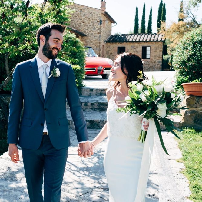 Wedding Ceremony | Sarah Seven Wedding Dress | Navy Paul Smith Suit | Outdoor Intimate Wedding at Casa Cornacchi in Tuscany, Italy | Dale Weeks Photography