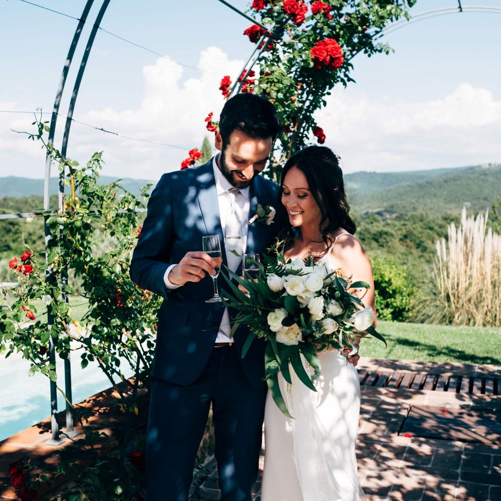 Bride in Sarah Seven Wedding Dress | Groom in Navy Paul Smith Suit | Outdoor Intimate Wedding at Casa Cornacchi in Tuscany, Italy | Dale Weeks Photography