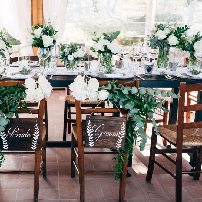 Chair Back Decor | Table Scape | White Floral Centrepieces | Outdoor Intimate Wedding at Casa Cornacchi in Tuscany, Italy | Dale Weeks Photography