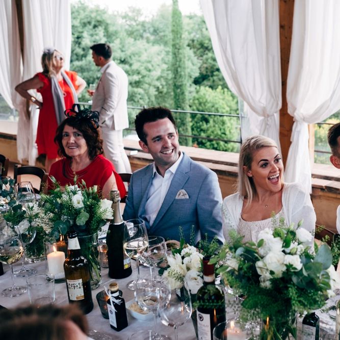 Table Scape | White Floral Centrepieces | Outdoor Intimate Wedding at Casa Cornacchi in Tuscany, Italy | Dale Weeks Photography
