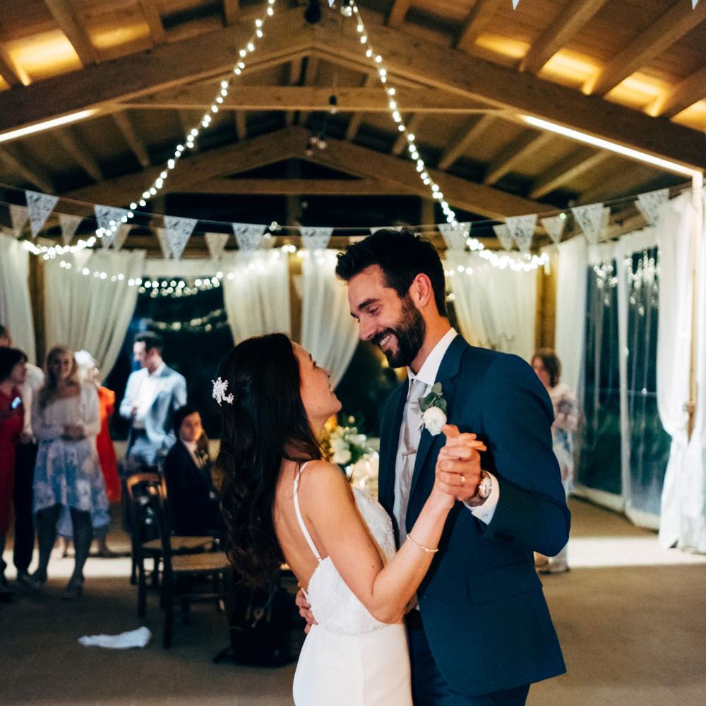 First Dance | Bride in Sarah Seven Wedding Dress | Groom in Navy Paul Smith Suit | Outdoor Intimate Wedding at Casa Cornacchi in Tuscany, Italy | Dale Weeks Photography