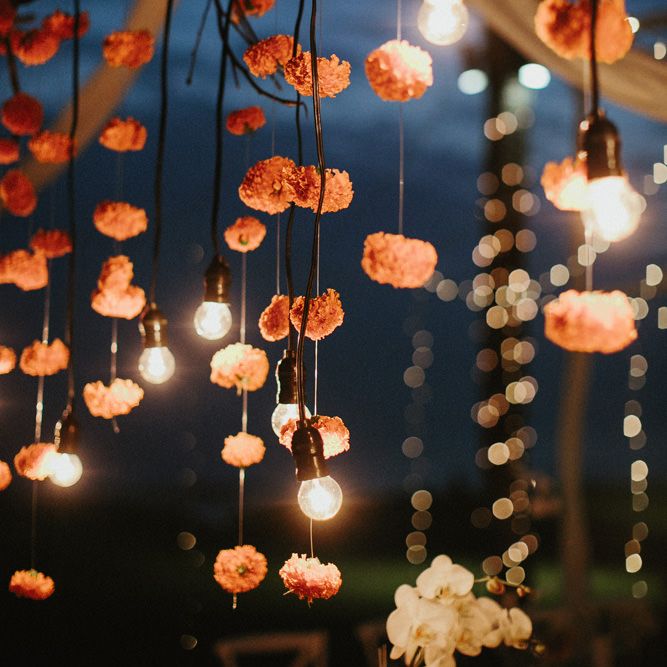 Incredible Outdoor Wedding Reception In Bali With Hanging Florals & Fairy Lights
