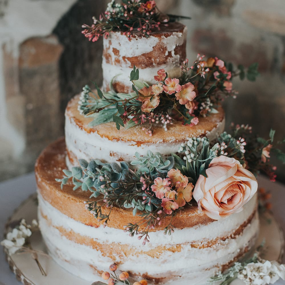 Semi Naked Wedding Cake With Fresh Flowers