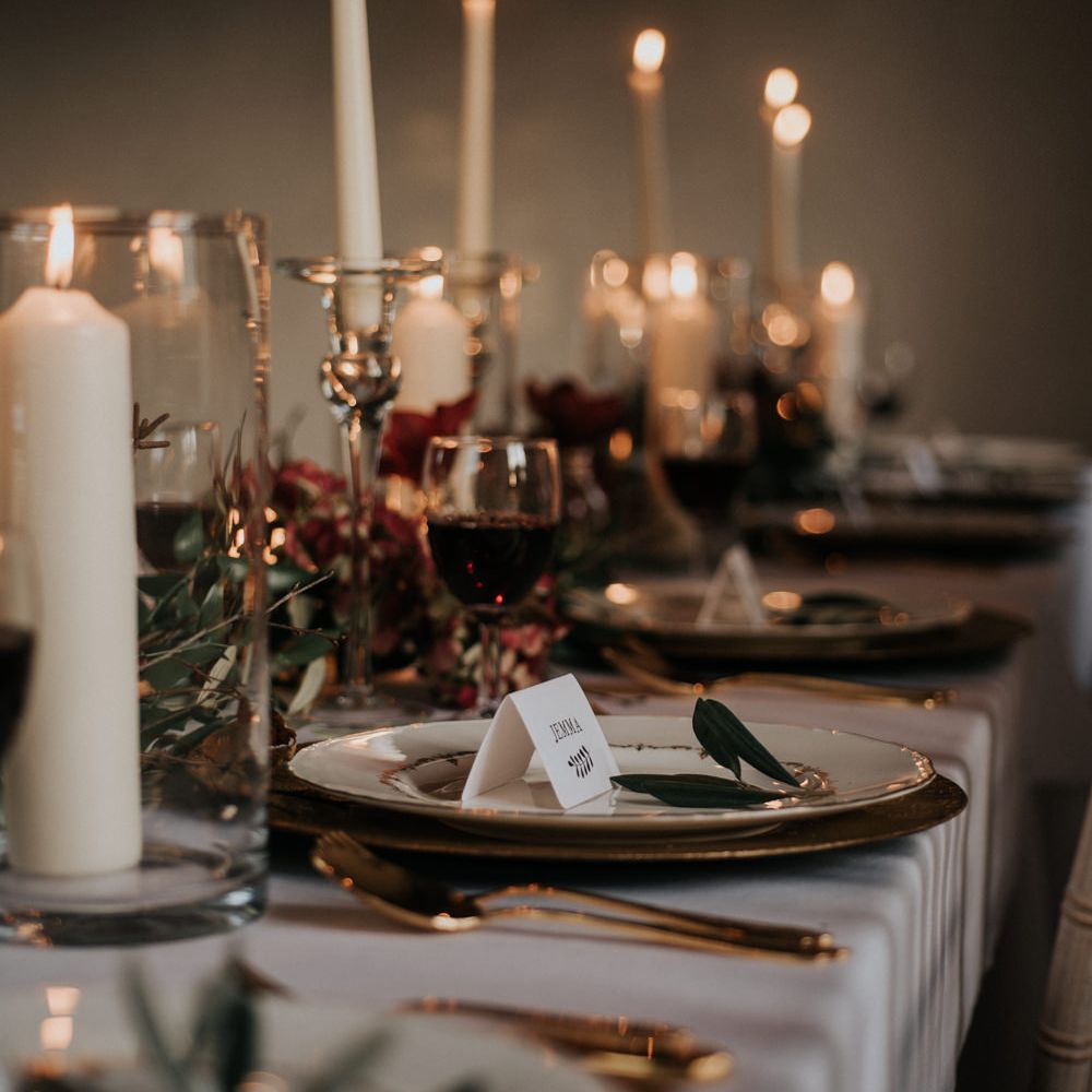 Opulent Place Setting In Reds And Golds Winter Wedding
