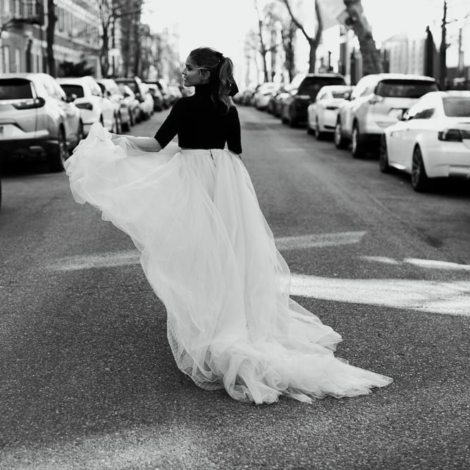 Intimate Elopement In New York City With Bride In Black Sweater And Blue Tulle Skirt And A Ponytail With Images From Forester Fotografos