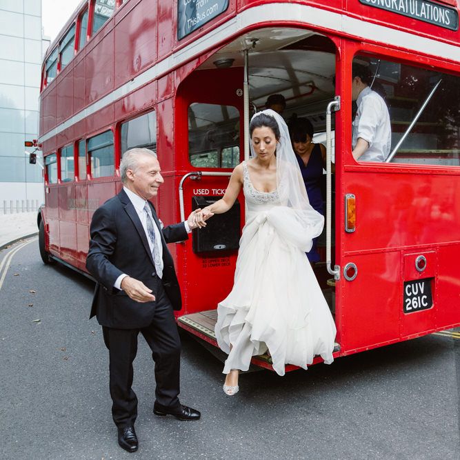 Bridal Entrance | London Bus | Bride in Jenny Packham Wedding Dress | Natalie J Weddings