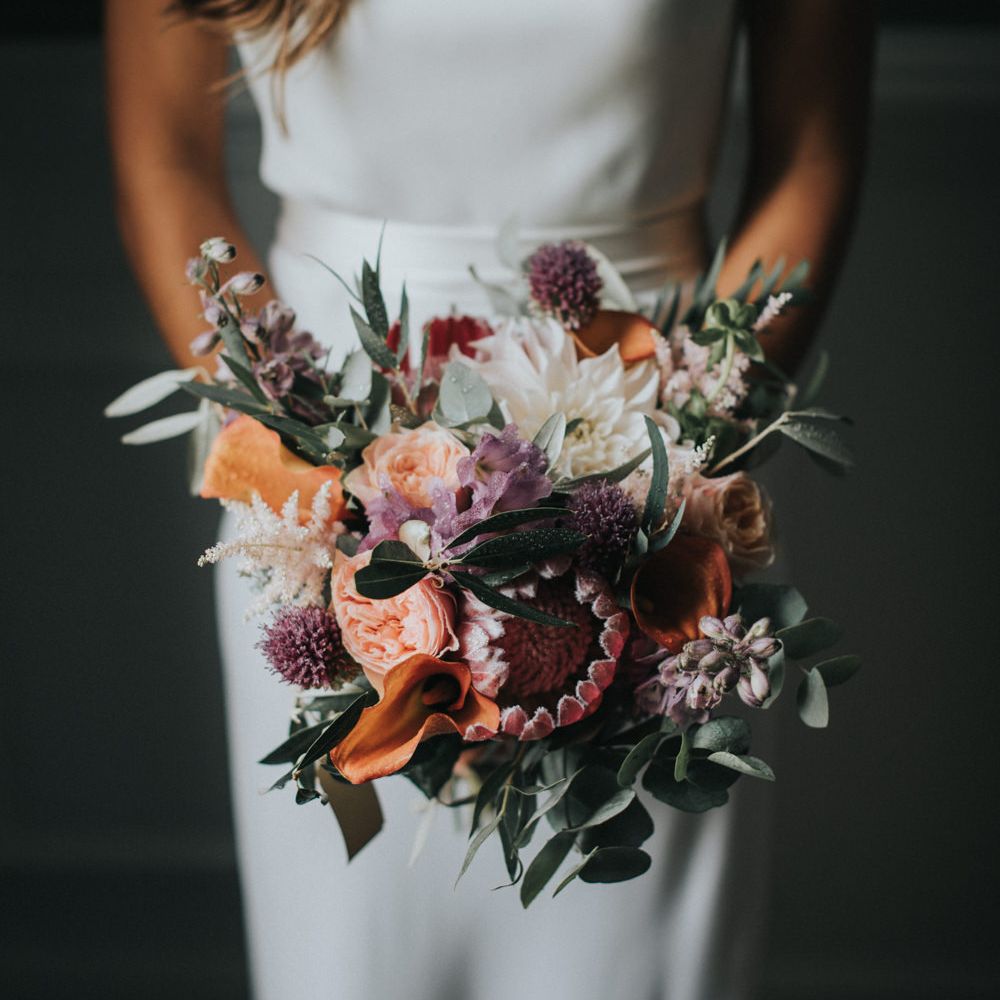 Deep Red & Oranges Bridal Bouquet with Protea